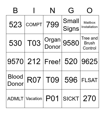Time Charge Bingo Card