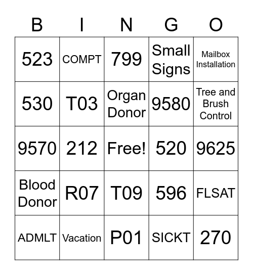 Time Charge Bingo Card