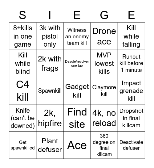 Siege 2 Bingo Card