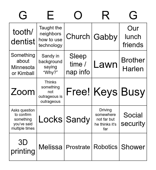 GEORGE Bingo Card