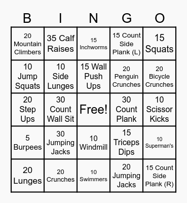Fitness Bingo Card