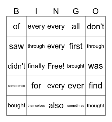 Sight Words Bingo Card