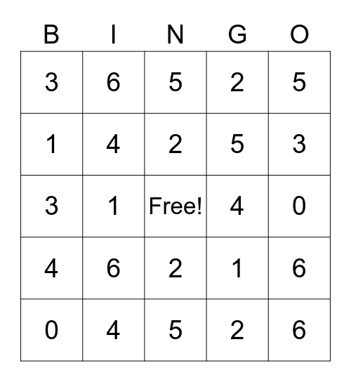 Numbers 1 - 6 Bingo Card