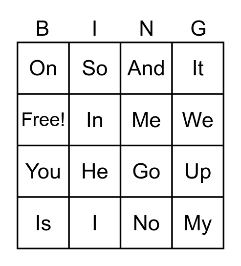 Sight words Bingo Card