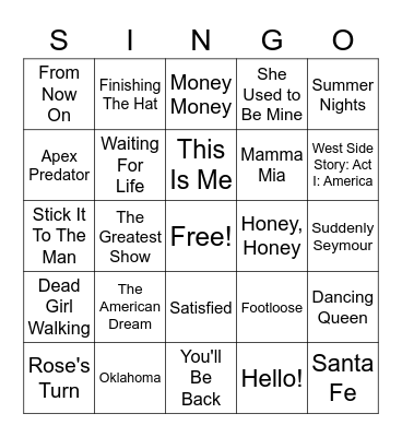 Broadway/Musical SINGO Bingo Card