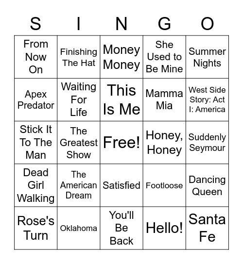 Broadway/Musical SINGO Bingo Card