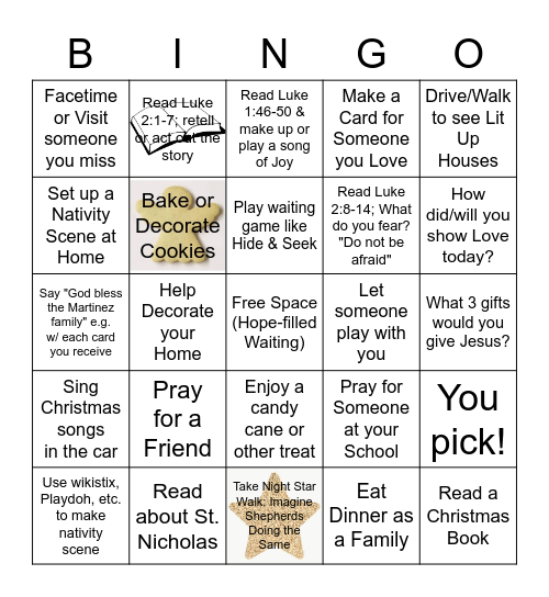 Family Advent Bingo Card