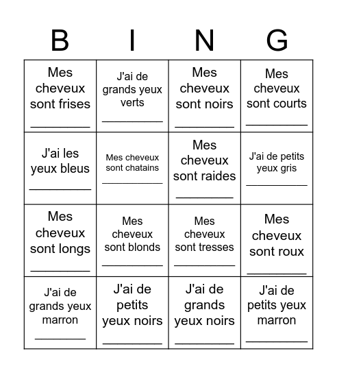 Mes cheveux et mes yeux Bingo Card