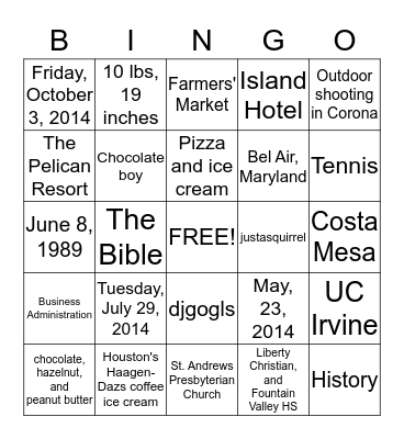 Sabrina and Steven Bingo!  Bingo Card