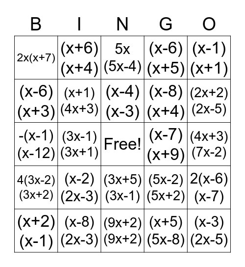 Factoring Bingo Card