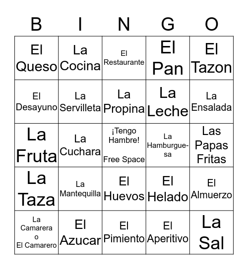 Comida Bingo Card