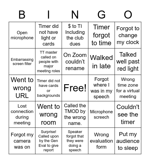 Toastmaster Faux Pas Bingo Card