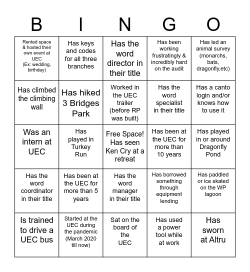 UEC Staff Retreat Bingo! Bingo Card