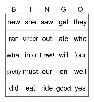 Sight Words II Bingo Card