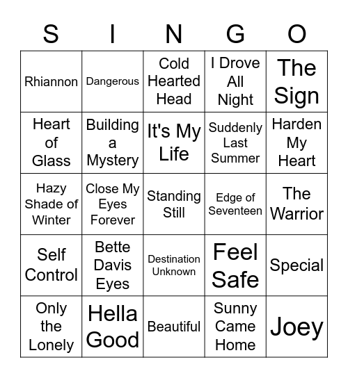 Ladies of Rock Bingo Card