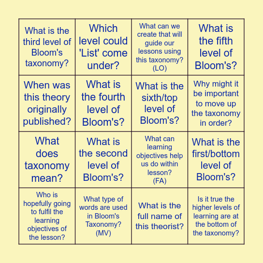 Bloom's Bingo! Bingo Card