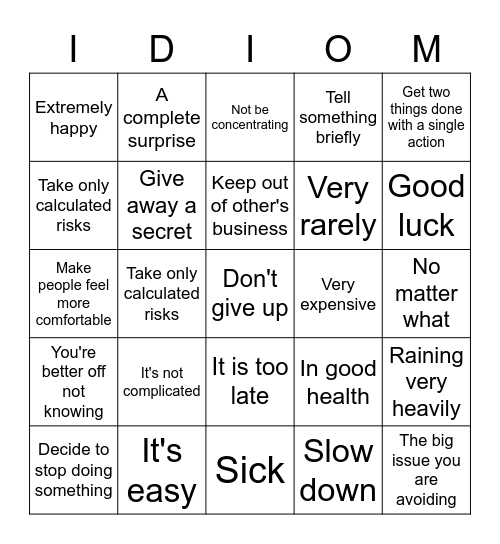 Idioms Bingo Card