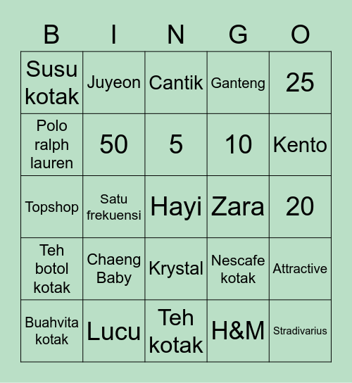 Suzy Bingo Card