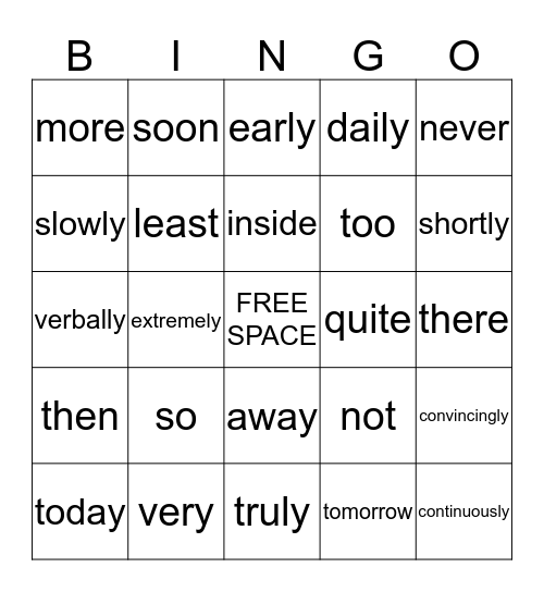 Adverbs Bingo Card