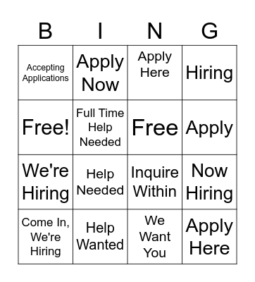 Help Wanted Signs Bingo Card