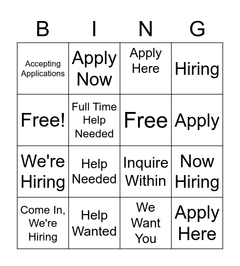 Help Wanted Signs Bingo Card