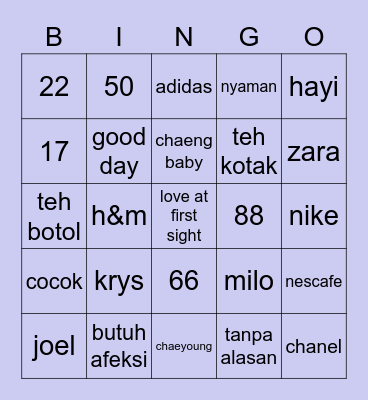 jennie's Bingo Card