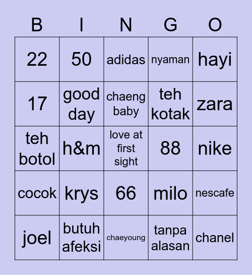 jennie's Bingo Card