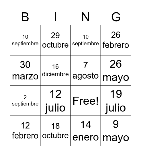 Mi cumpleaños es ... (4th Hour) Bingo Card