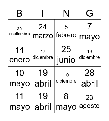 Mi cumpleaños es... (1st HR) Bingo Card