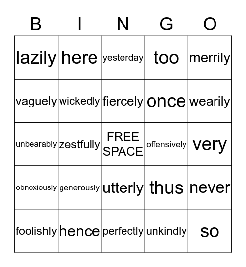 Adverbs Bingo Card