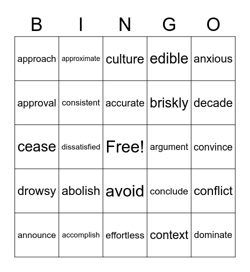 Grade 5 Tier II Vocabulary Bingo Card