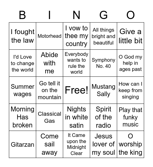 Songs Bingo Card