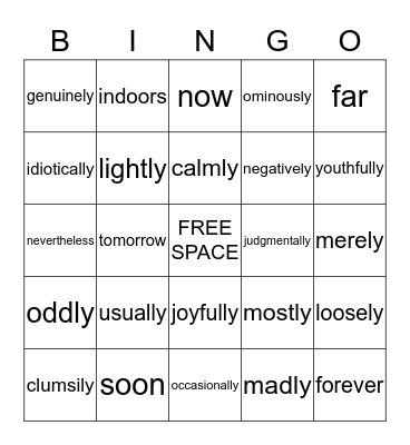 Adverbs Bingo Card