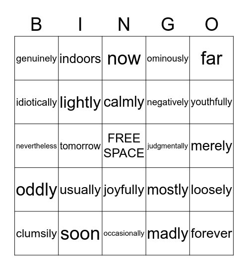 Adverbs Bingo Card