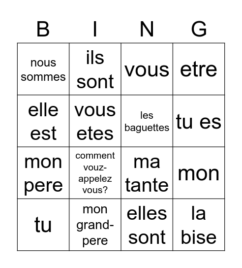 French 1, Unit 2 Review Bingo Card