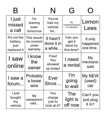 Service Bingo Card