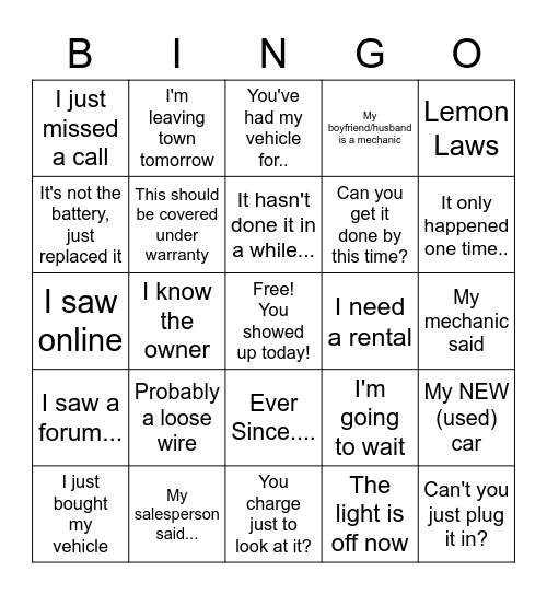 Service Bingo Card