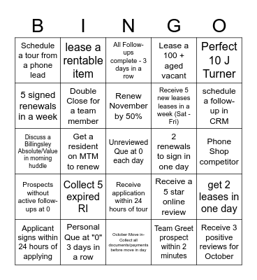 Leasing Bingo Card
