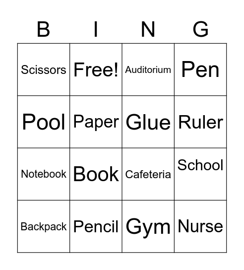 School Places Bingo Card