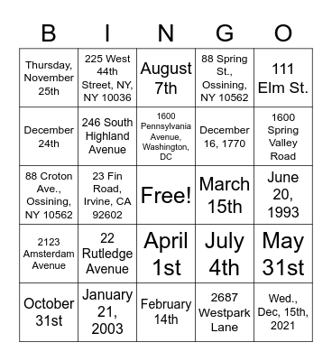 Dates and Addresses Bingo Card