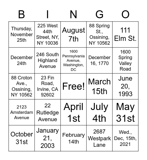 Dates and Addresses Bingo Card