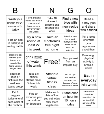 Wellness Bingo Week 2 Bingo Card