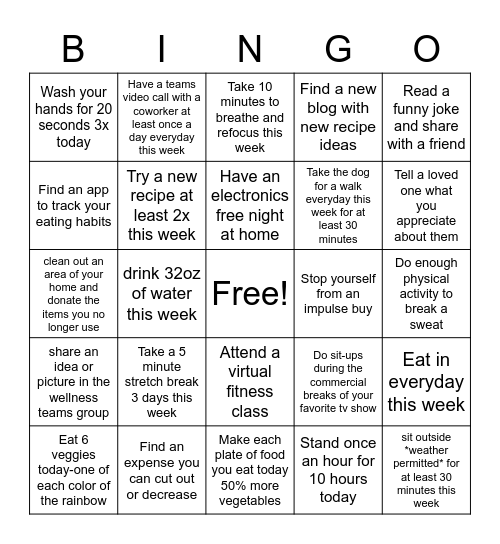 Wellness Bingo Week 2 Bingo Card