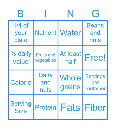 Nutrition Bingo Card