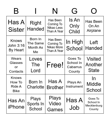 Nikao Youth Friend Bingo!! Bingo Card