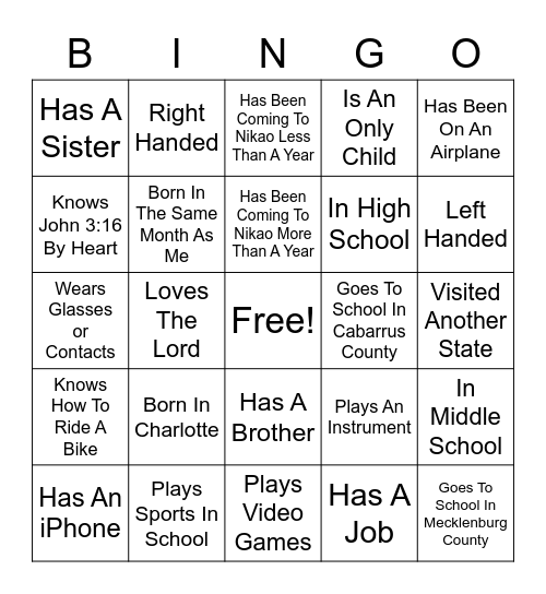 Nikao Youth Friend Bingo!! Bingo Card