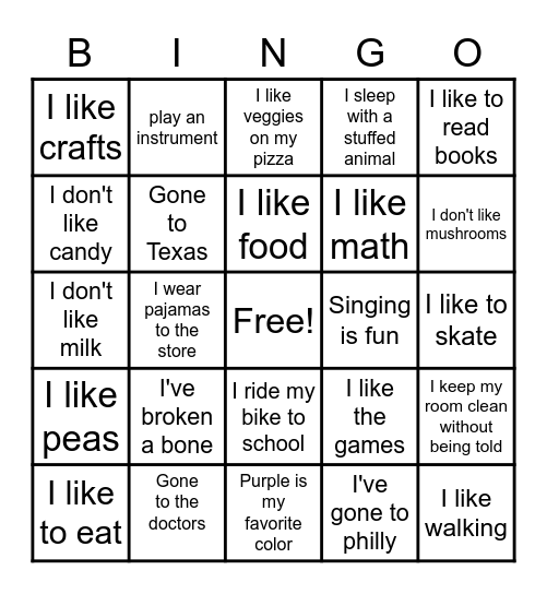 Things About Me BINGO Card