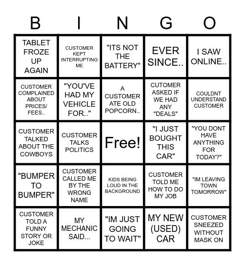 SERVICE BINGO Card