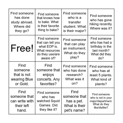 Fall Welcome Event 2021 Bingo Card