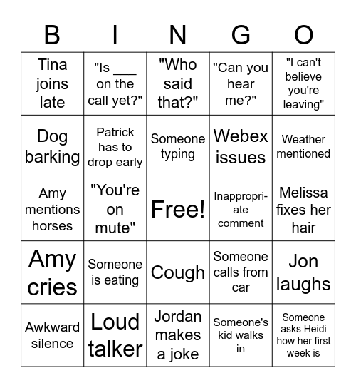 Amy's Goodbye Bingo Card